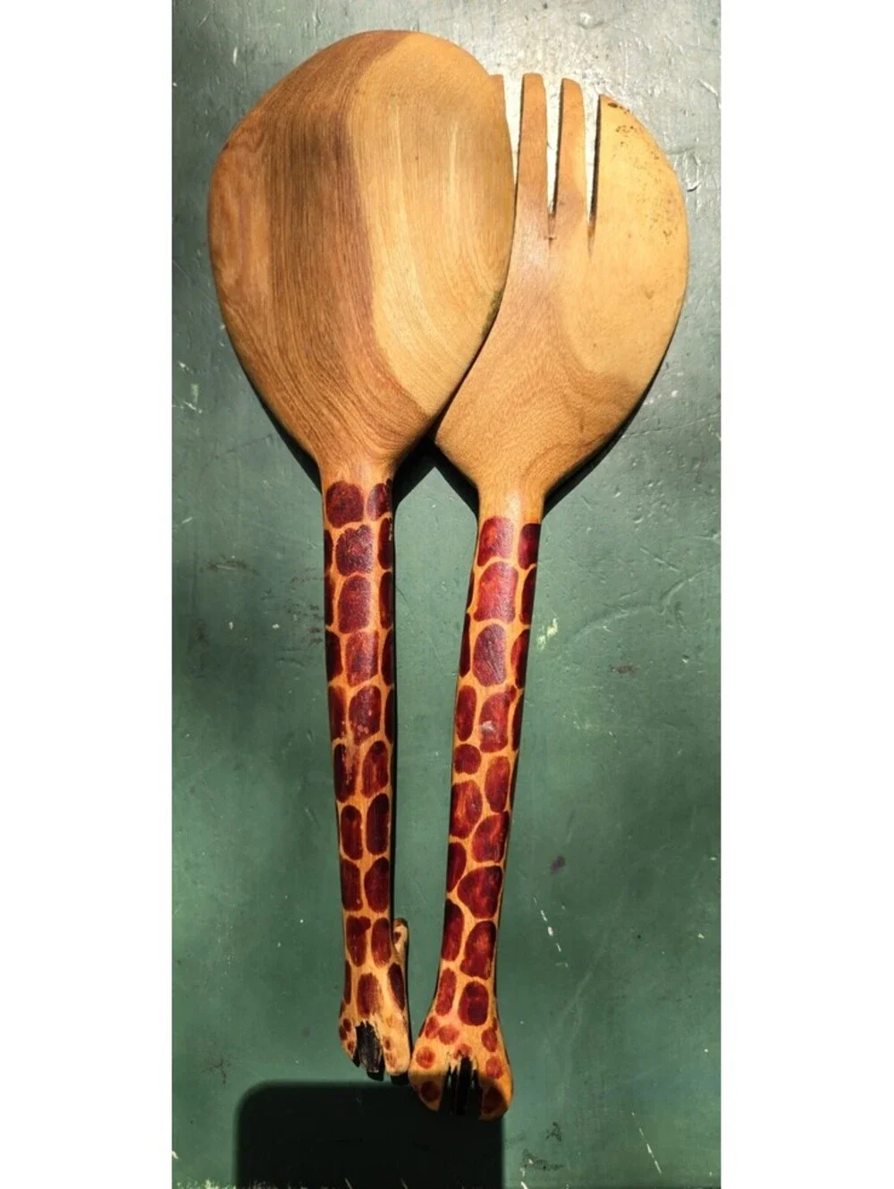 Hand Carved Wood Giraffe Salad Spoon & Fork Utensil Set